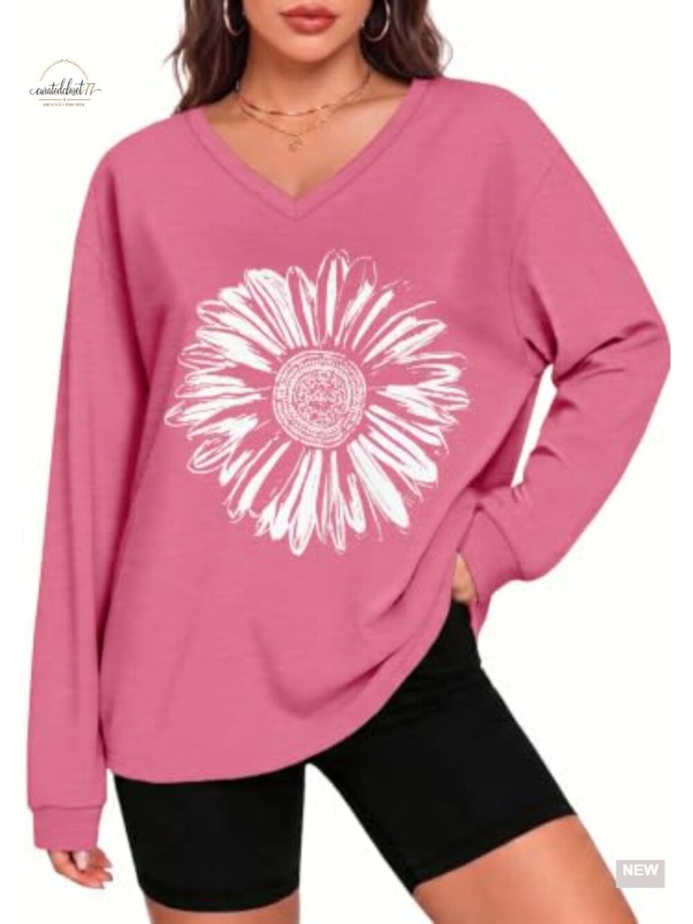 Oversized V Neck Long Sleeve Graphic Tee 65% Cotton 35% Polyester Casual